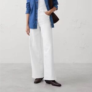 Zara High Waist Wide Leg Jeans Womens 2 White 100% Cotton Crop Buttonfly Coastal